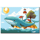 Paint by Numbers Art Animal Whale with Lighthouse House and Tree on its Back
